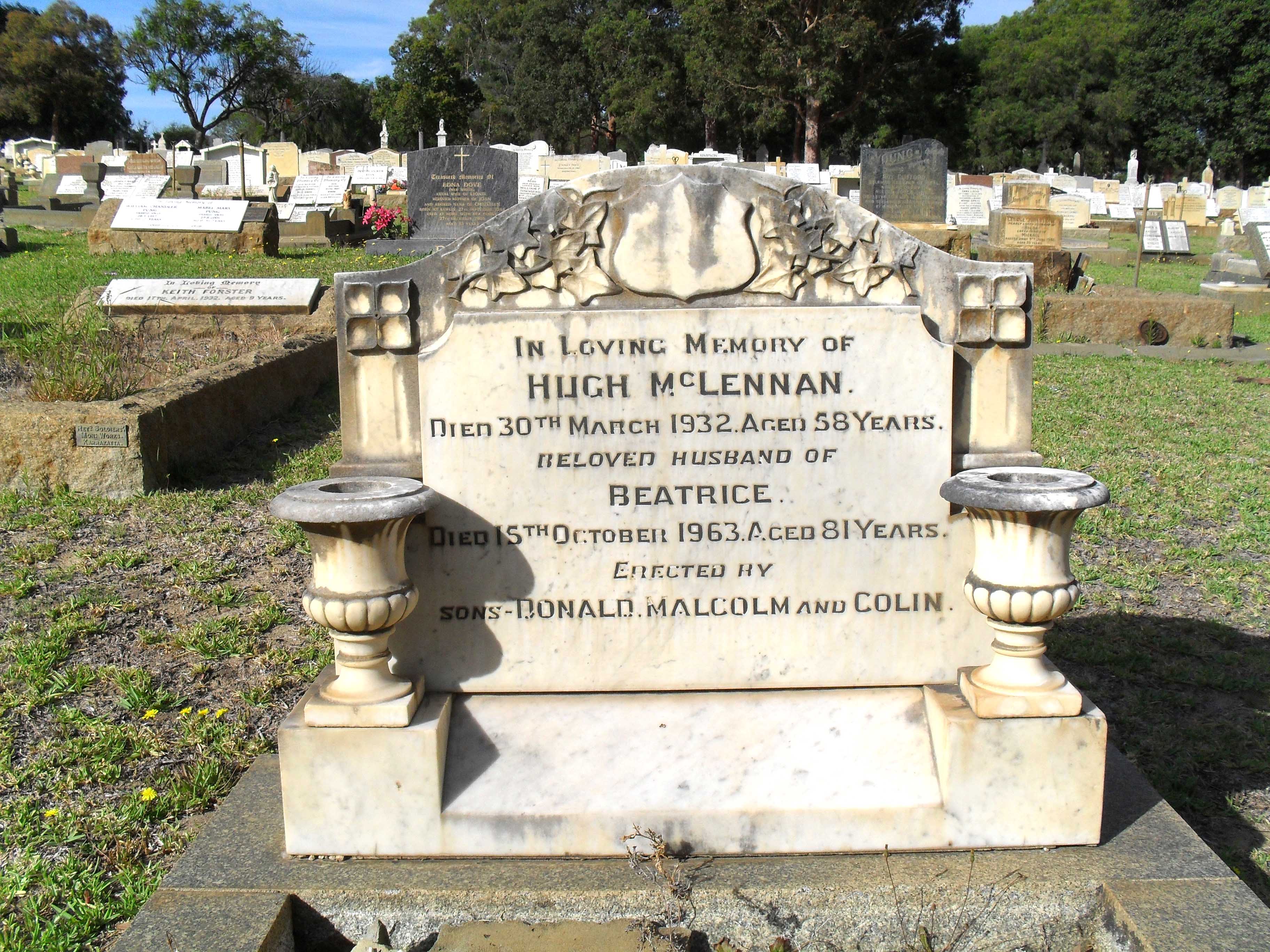 Photo of headstones/Hugh McLennan d 1932 hdstn  Karrakatta Cem
